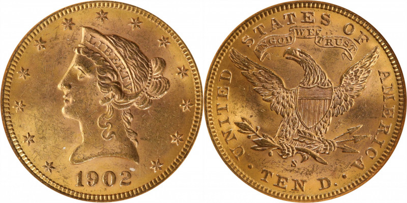 1902-S Liberty Head Eagle. MS-63 (NGC).

PCGS# 8751. NGC ID: 267U.

Estimate...