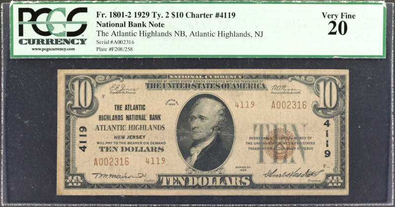 Atlantic Highlands, New Jersey. $10 1929 Ty. 2. Fr. 1801-2. The Atlantic Highlan...