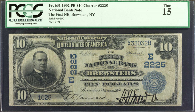 Brewsters, New York. 1902 Plain Back $10 Fr. 631. The First NB. Charter #2225. P...