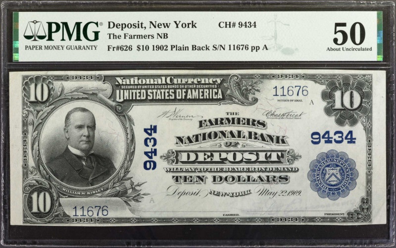 Deposit, New York. 1902 Plain Back $10 Fr. 626. The Farmers NB. Charter #9434. P...