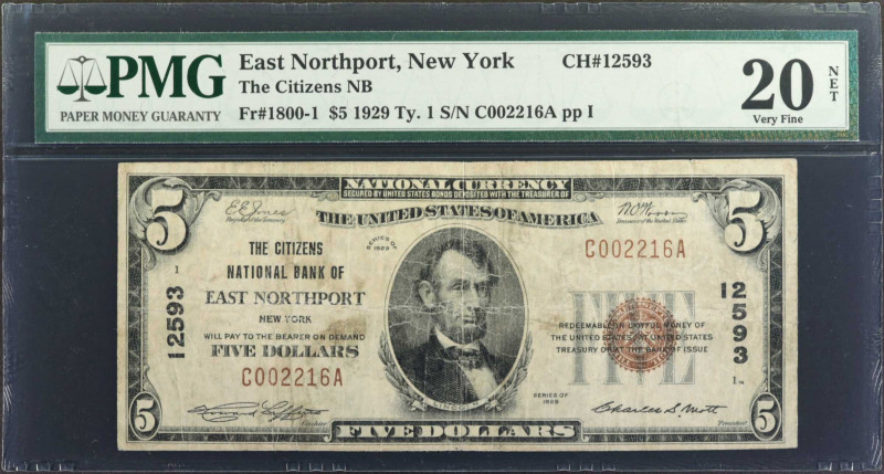 East Northport, New York. 1929 Ty. 1 $5 Fr. 1800-1. The Citizens NB. Charter #12...