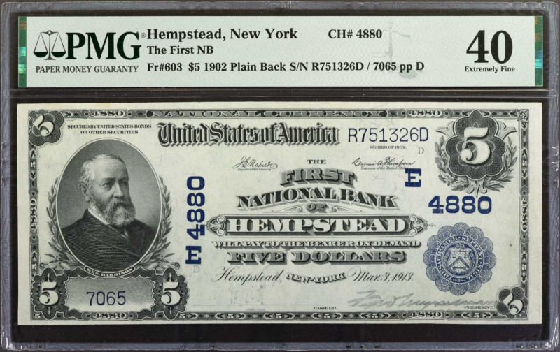 Hempstead, New York. 1902 Plain Back $5 Fr. 603. The First NB. Charter #4880. PM...