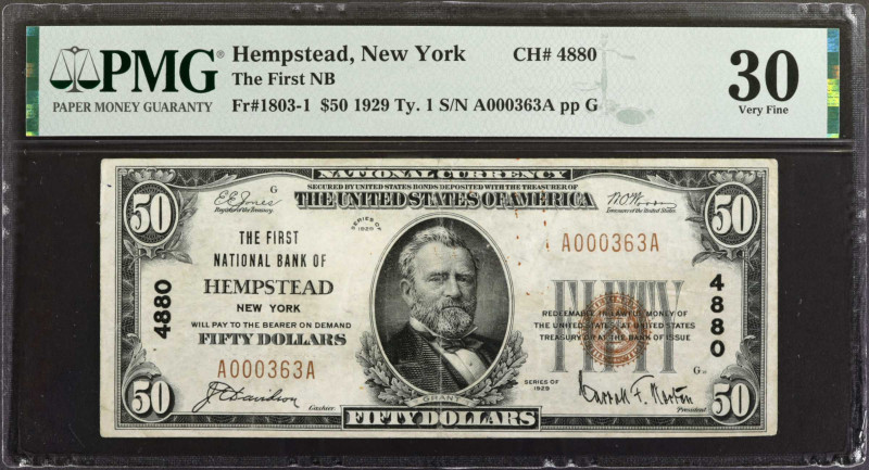 Hempstead, New York. 1929 Ty. 1 $50 Fr. 1803-1. The First NB. Charter #4880. PMG...