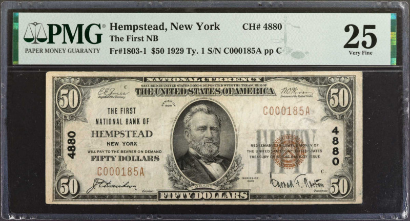 Hempstead, New York. 1929 Ty. 1 $50 Fr. 1803-1. The First NB. Charter #4880. PMG...