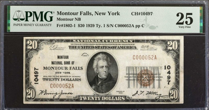 Montour Falls, New York. 1929 Ty. 1 $20 Fr. 1802-1. Montour NB. Charter #10497. ...