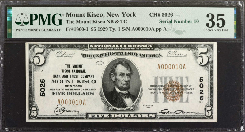 Mount Kisco, New York. 1929 Ty. 1 $5 Fr. 1800-1. The Mount Kisco NB & TC. Charte...