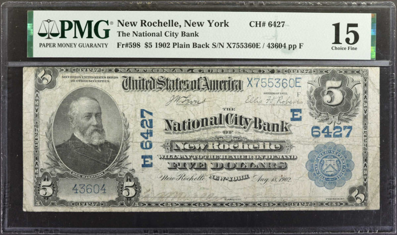 New Rochelle, New York. 1902 Plain Back $5 Fr. 598. The National City Bank. Char...