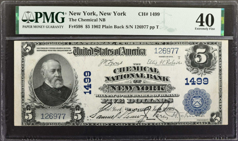 New York, New York. 1902 Plain Back $5 Fr. 598. The Chemical NB. Charter #1499. ...