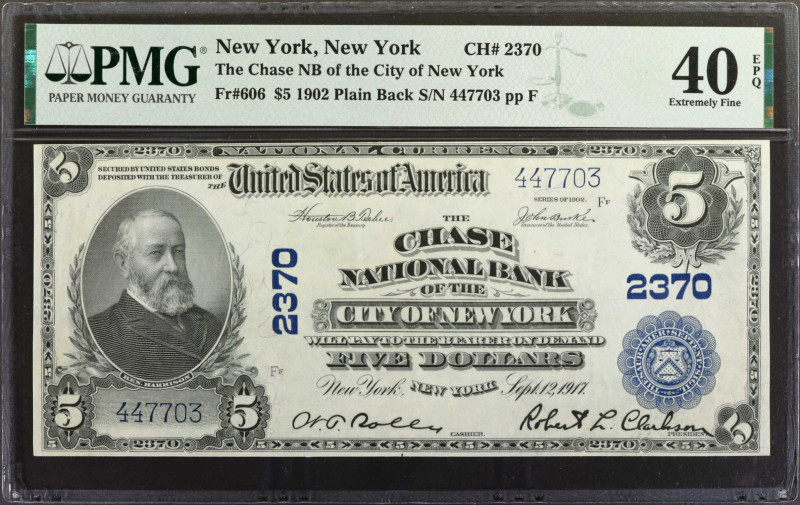 New York, New York. 1902 Plain Back $5 Fr. 606. The Chase NB of the City of New ...