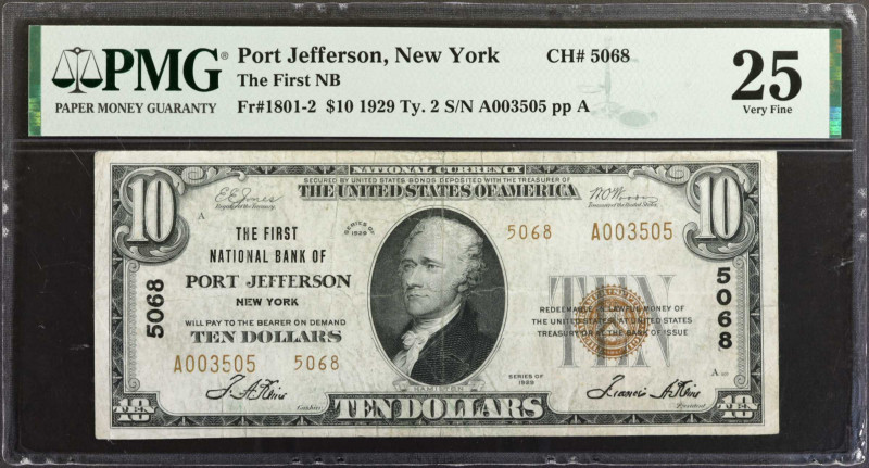 Port Jefferson, New York. 1929 Ty. 2 $10 Fr. 1801-2. The First NB. Charter #5068...