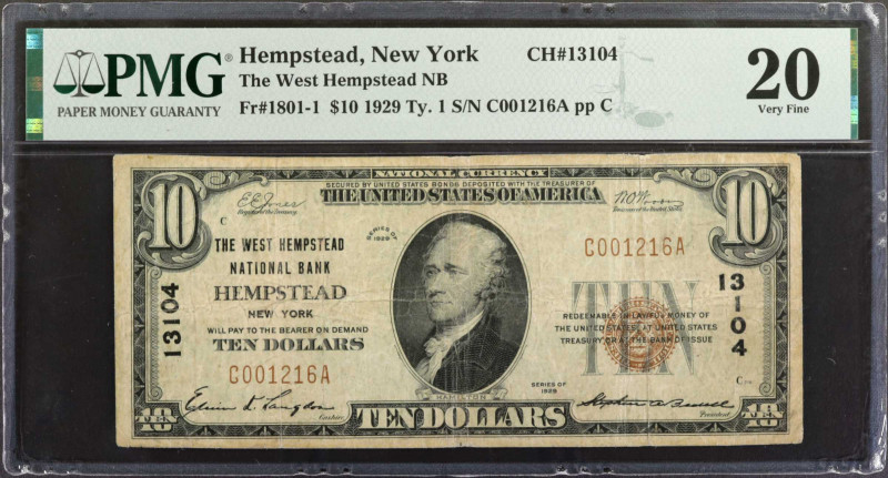 West Hempstead, New York. 1929 Ty. 1 $10 Fr. 1801-1. The West Hempstead NB. Char...