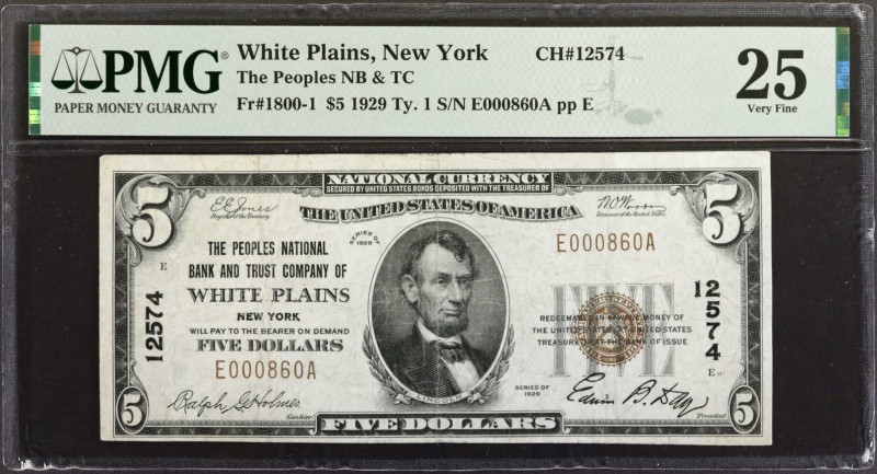 White Plains, New York. 1929 Ty. 1 $5 Fr. 1800-1. The Peoples NB & TC. Charter #...