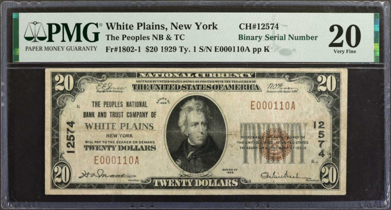 White Plains, New York. 1929 Ty. 1 $20 Fr. 1802-1. The Peoples NB & TC. Charter ...