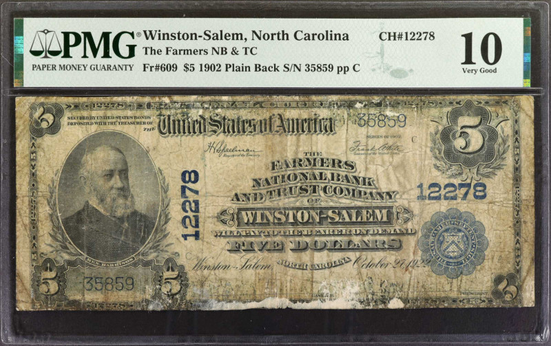 Winston-Salem, North Carolina. $5 1902 Plain Back. Fr. 609. The Farmers NB & TC....