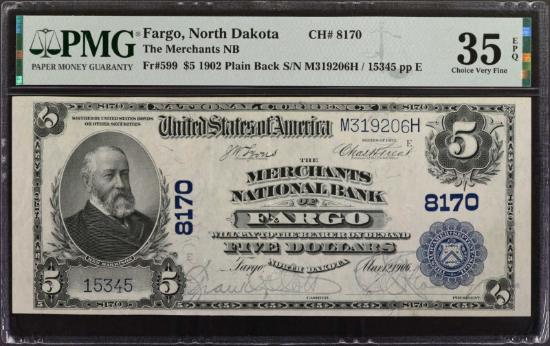 Fargo, North Dakota. $5 1902 Plain Back. Fr. 599. The Merchants NB. Charter #817...