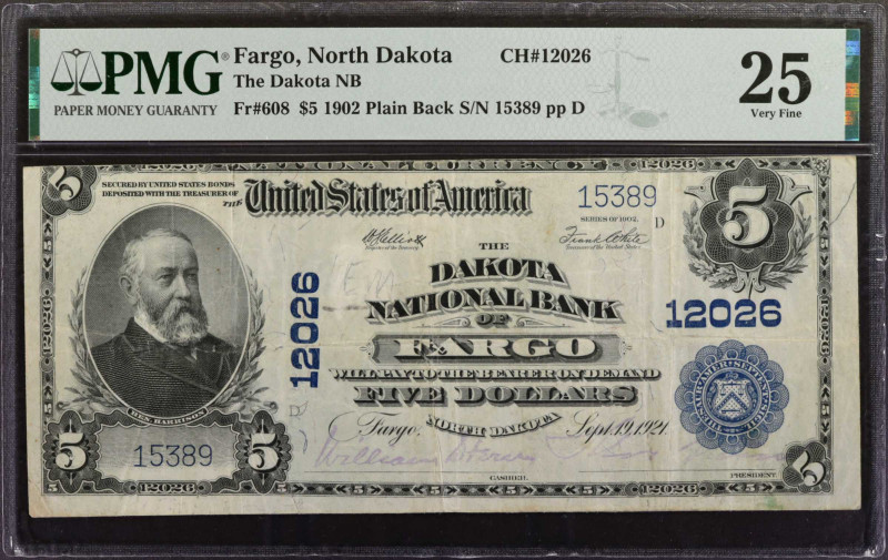 Fargo, North Dakota. $5 1902 Plain Back. Fr. 608. The Dakota NB. Charter #12026....