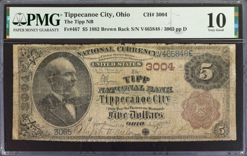 Tippecanoe City, Ohio. $5 1882 Brown Back. Fr. 467. The Tipp NB. Charter #3004. ...