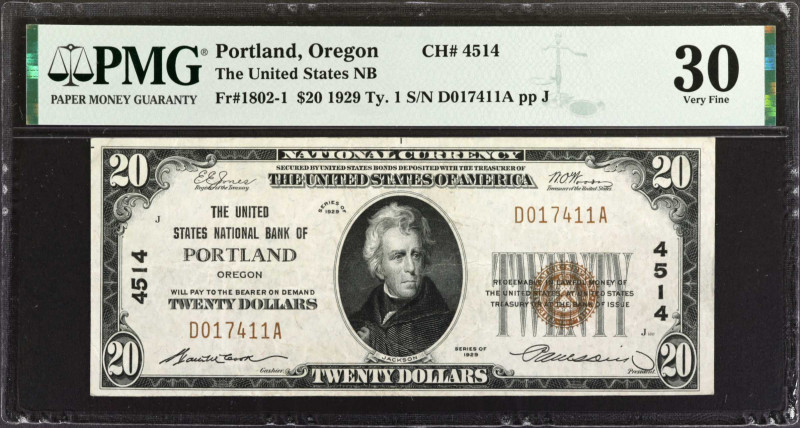 Portland, Oregon. $20 1929 Ty. 1. Fr. 1802-1. The United States NB. Charter #451...