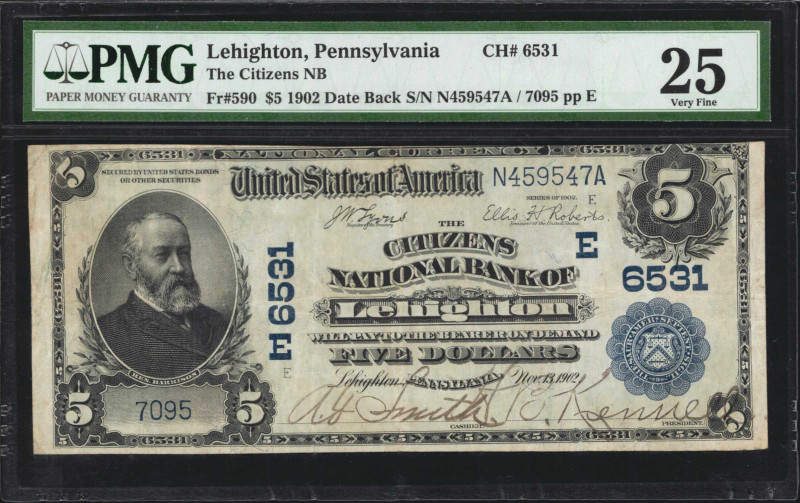 Lehighton, Pennsylvania. $5 1902 Date Back. Fr. 590. The Citizens NB. Charter #6...