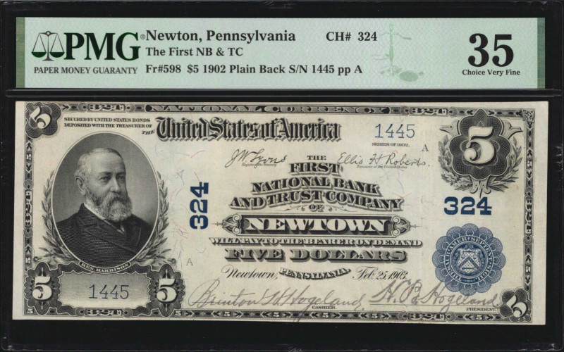 Newton, Pennsylvania. $5 1902 Plain Back. Fr. 598. The First NB & TC. Charter #3...