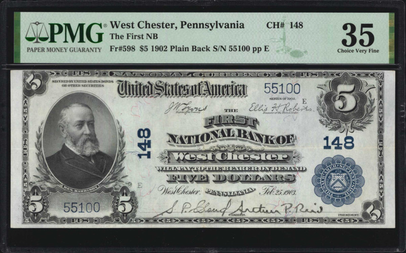 West Chester, Pennsylvania. $5 1902 Plain Back. Fr. 598. The First NB. Charter #...