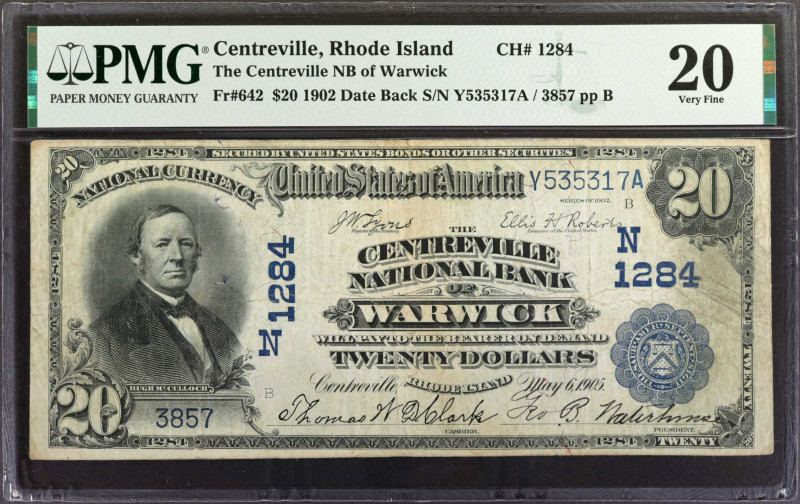 Centreville, Rhode Island. $20 1902 Date Back. Fr. 642. The Centreville NB of Wa...