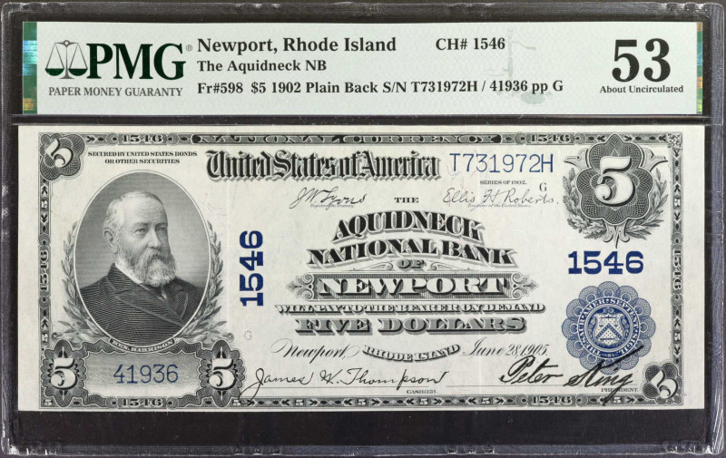 Newport, Rhode Island. $5 1902 Plain Back. Fr. 598. The Aquidneck NB. Charter #1...