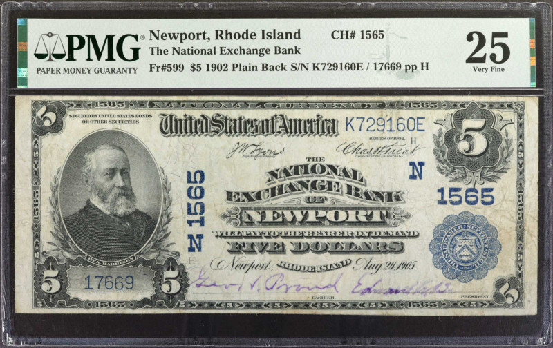 Newport, Rhode Island. $5 1902 Plain Back. Fr. 599. The National Exchange Bank. ...