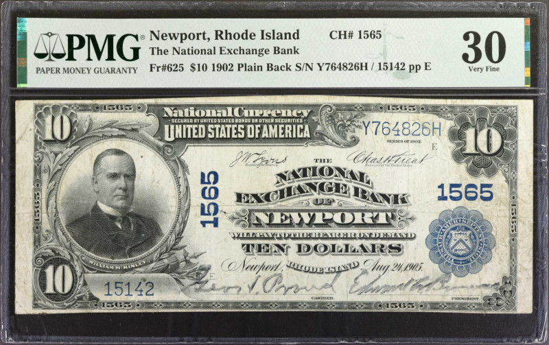 Newport, Rhode Island. $10 1902 Plain Back. Fr. 625. The National Exchange Bank....