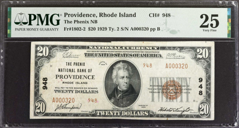 Providence, Rhode Island. $20 1929 Ty. 2. Fr. 1802-2. The Phenix NB. Charter #94...