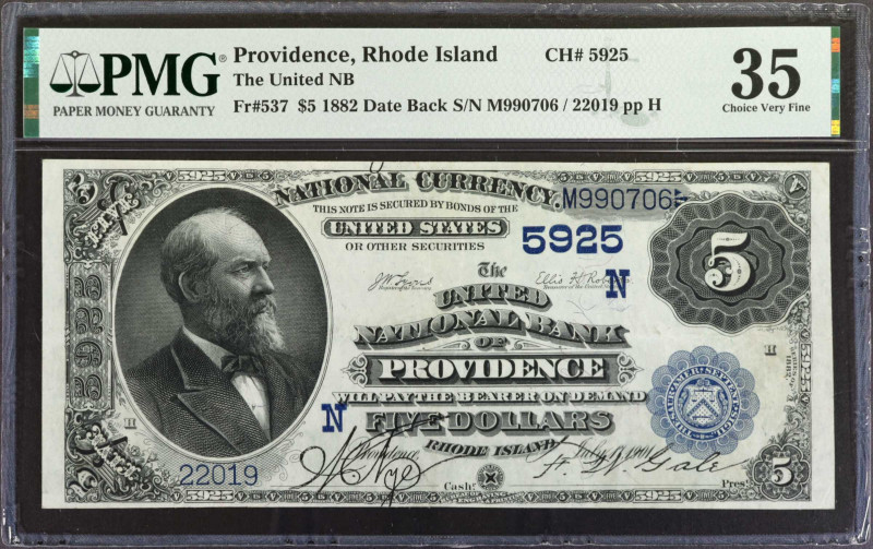 Providence, Rhode Island. $5 1882 Date Back. Fr. 537. The United NB. Charter #59...