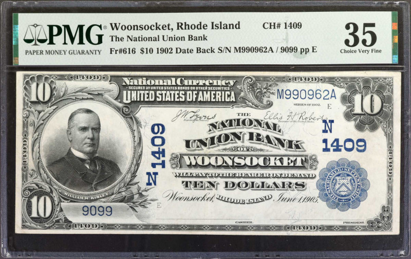 Woonsocket, Rhode Island. $10 1902 Date Back. Fr. 616. The National Union Bank. ...