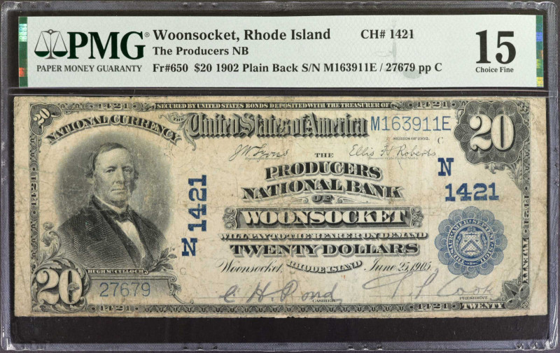 Woonsocket, Rhode Island. $20 1902 Plain Back. Fr. 650. The Producers NB. Charte...