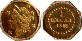 1855/4 Octagonal 25 Cents. BG-106. Rarity-3. Liberty Head. MS-65 (PCGS).

PCGS# 10375. NGC ID: 2BGR.

Estimate: $ 800