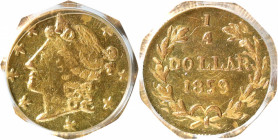 1859-FD Octagonal 25 Cents. BG-701. Rarity-6-. Liberty Head. MS-64 (PCGS).

PCGS# 10528. NGC ID: 2BMA.

Estimate: $ 800