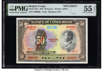 Belgian Congo Banque du Congo Belge 50 Francs 1947 Pick 16es Specimen PMG About Uncirculated 55 EPQ. Red Specimen overprints and six POCs are present ...