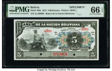Bolivia Banco de la Nacion Boliviana 5 Bolivianos 11.5.1911 Pick 106s Specimen PMG Gem Uncirculated 66 EPQ. Red Specimen overprints and cancelled with...