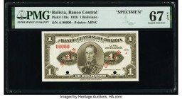 Bolivia Banco Central 1 Boliviano 20.7.1928 Pick 119s Specimen PMG Superb Gem Unc 67 EPQ. Red Specimen overprints and cancelled with 2 punch holes. 

...