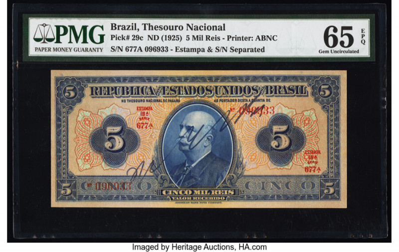 Brazil Thesouro Nacional 5 Mil Reis ND (1925) Pick 29c PMG Gem Uncirculated 65 E...