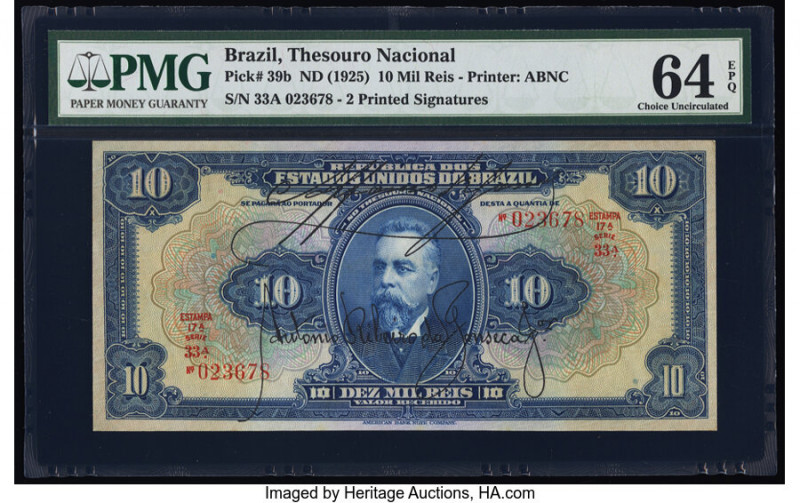 Brazil Thesouro Nacional 10 Mil Reis ND (1925) Pick 39b PMG Choice Uncirculated ...