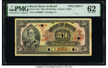 Brazil Banco do Brasil 50 Mil Reis 8.1.1923 Pick 118s Specimen PMG Uncirculated 62. Stains, red Modelo overprints and five POCs are noted.

HID0980124...