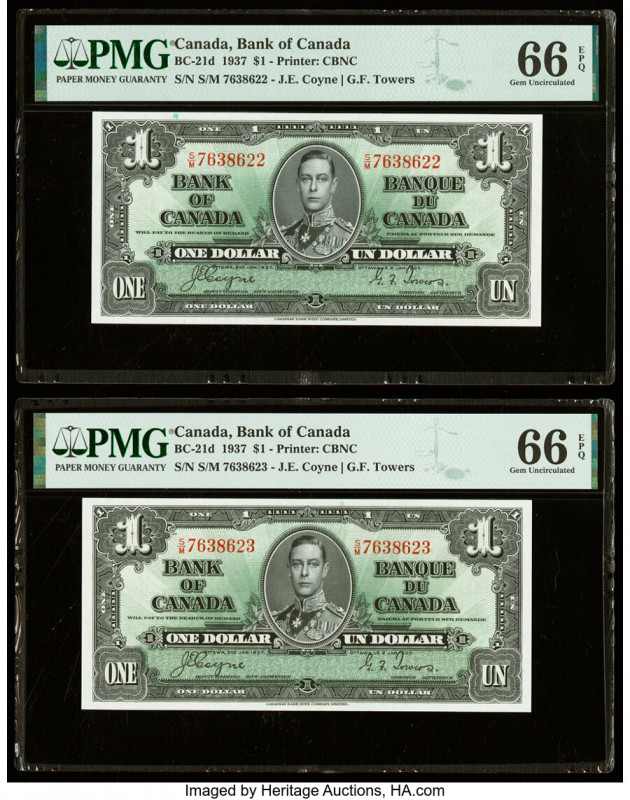 Canada Bank of Canada $1 2.1.1937 BC-21d Two Consecutive Examples PMG Gem Uncirc...