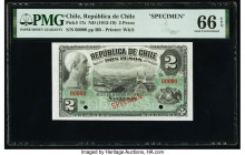 Chile Republica de Chile 2 Pesos ND (1912-19) Pick 17s Specimen PMG Gem Uncirculated 66 EPQ. Red Specimen overprints and cancelled with 2 punch holes....