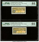 Colombia Banco Nacional de la Republica de Colombia 10 Centavos = 1 Real 2.1.1893 Pick 221 Two Consecutive Examples PMG Choice Uncirculated 64 (2). 

...