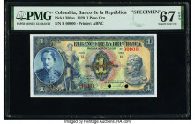 Colombia Banco de la Republica 1 Peso Oro 20.7.1929 Pick 380as Specimen PMG Superb Gem Unc 67 EPQ. Red Specimen overprint and cancelled with two punch...