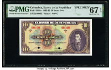 Colombia Banco de la Republica 10 Pesos Oro 20.7.1943 Pick 389bs Specimen PMG Superb Gem Unc 67 EPQ. Red Specimen overprint and cancelled with 2 punch...