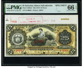 El Salvador Banco Salvadoreno 25 Pesos 1.2.1919 Pick S205s2 Specimen PMG Gem Uncirculated 66 EPQ. Red Specimen overprints, cancelled with 3 punch hole...