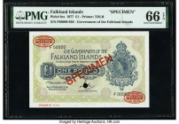 Falkland Islands Government of the Falkland Islands 1 Pound 1.12.1977 Pick 8cs Specimen PMG Gem Uncirculated 66 EPQ. Red Specimen & TDLR overprints an...