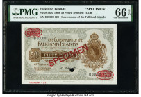 Falkland Islands Government of the Falkland Islands 50 Pence 25.9.1969 Pick 10as Specimen PMG Gem Uncirculated 66 EPQ. Red Specimen & TDLR overprints ...