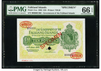 Falkland Islands Government of the Falkland Islands 10 Pounds 15.6.1982 Pick 11cs Specimen PMG Gem Uncirculated 66 EPQ. Red Specimen & TDLR overprints...